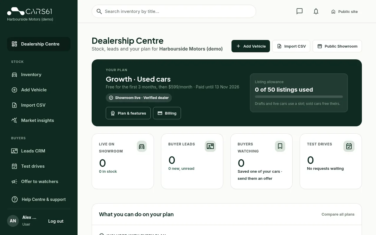 The Dealership Centre with Add Vehicle, Import CSV and Public Showroom buttons and stock and lead statistics