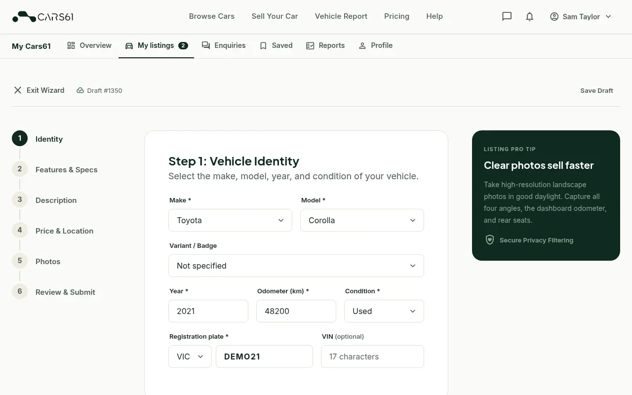 Step 1 of the listing form, Vehicle Identity, with make, model, year, odometer, condition and registration fields