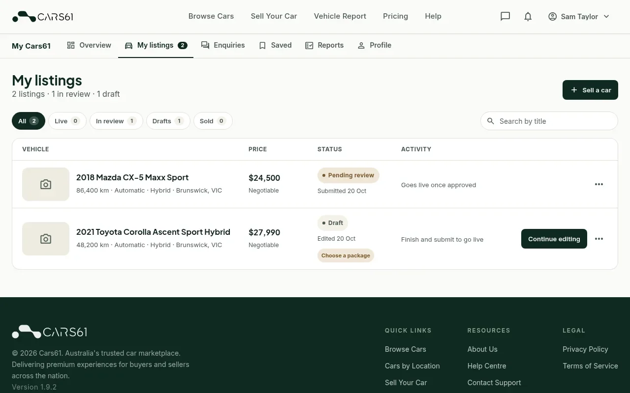 The My listings page with status tabs and a listing row showing its status and actions