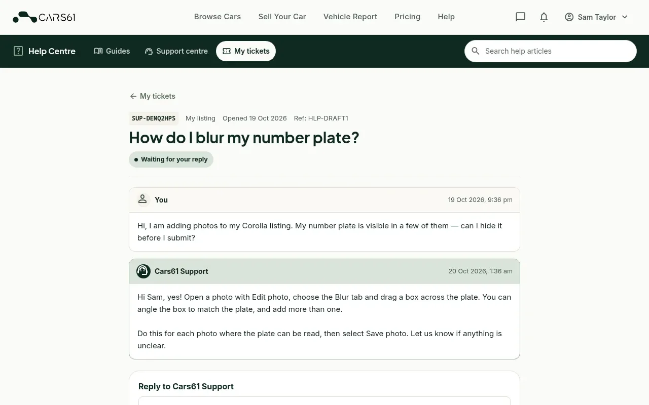 A support ticket conversation between a customer and Cars61 Support, with a reply box